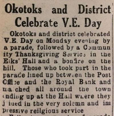 Clipping from the Okotoks Review about the end of WWII.