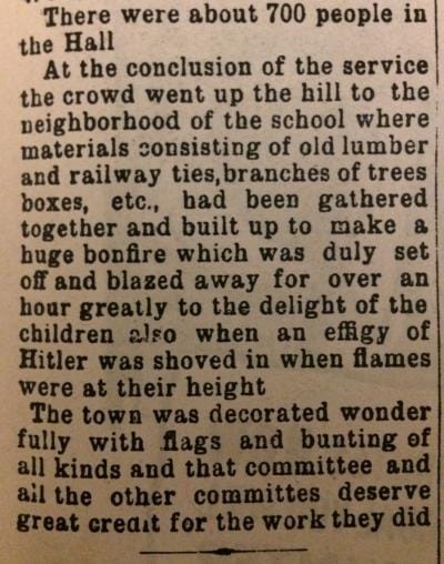 Newspaper clipping about the end of WWII in Okotoks.