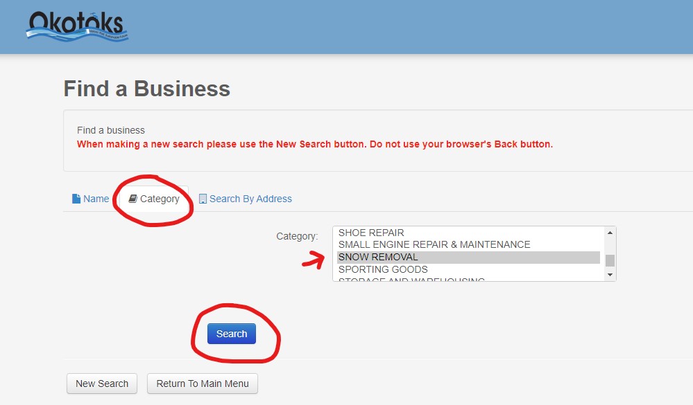 Screenshot of Business Directory search