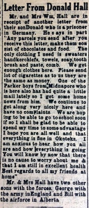 Newspaper clipping of a letter from Donald Hall during WWII.