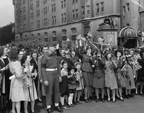 Crowd celebrating VE Day, 1945 in Ottawa.