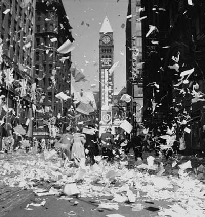 People celebrating in the streets of Toronto.