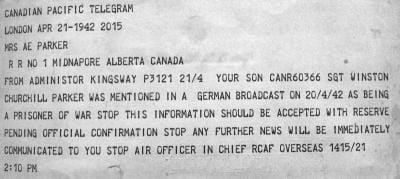 Telegram from 1942 informing of Winston Parker's capture by Germans.