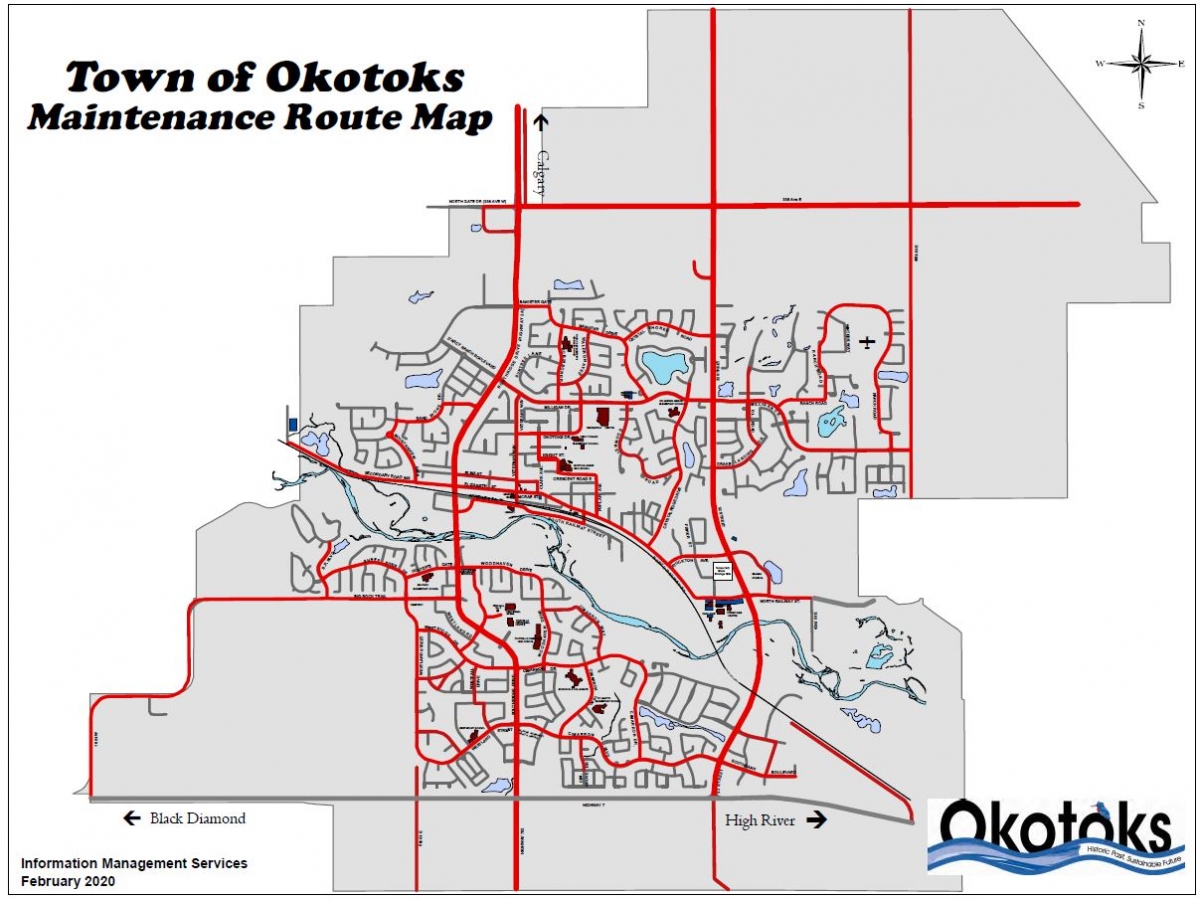 Map showing declared maintenance routes in Okotoks