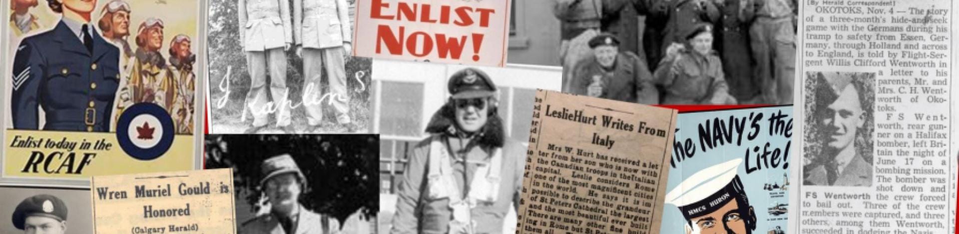 Collage of photos and newspaper clippings about serving in World War Two.