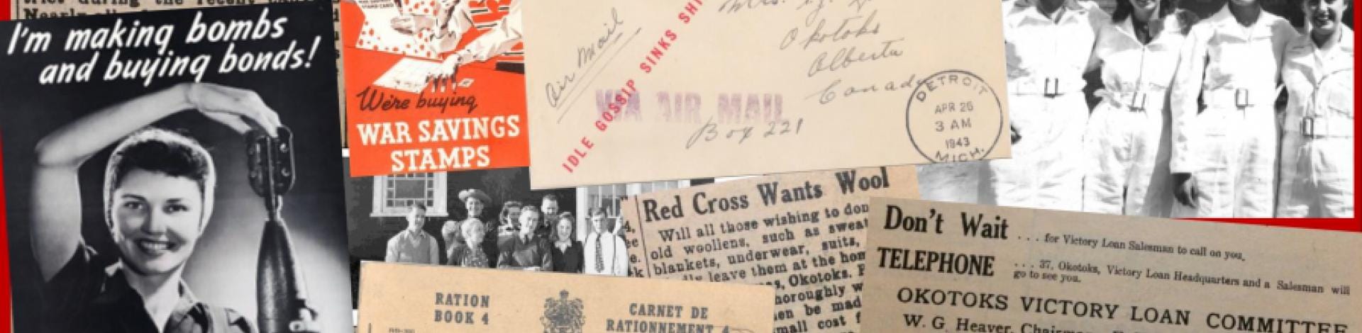 Collage of photos and newspaper clippings about Canada in WWII.