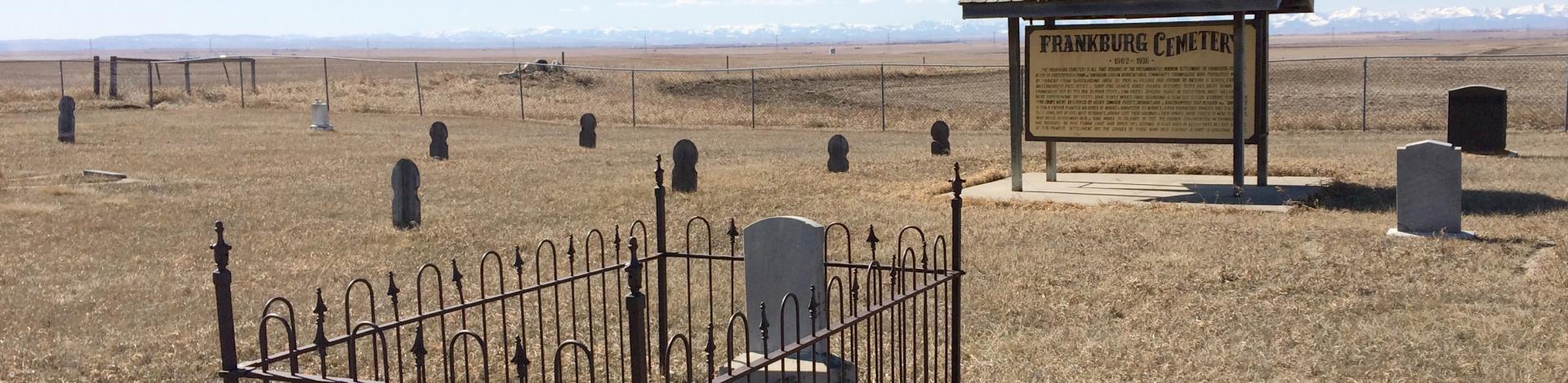 Photo of the Frankburg Cemetery, a few headstones and a signboard.