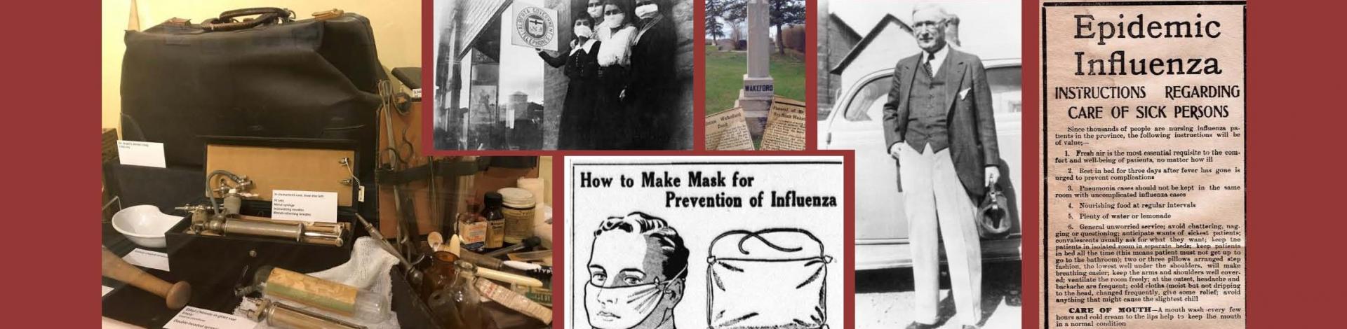 Compilation of images of old medical equipment and historic photographs of people wearing masks.