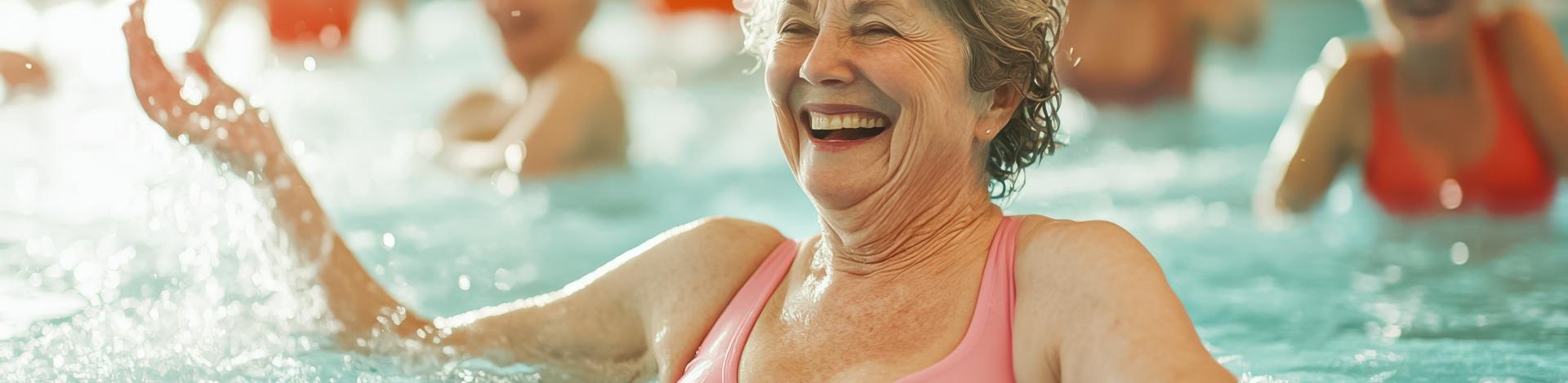 lively water aerobics class featuring senior women