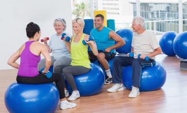 adults sitting on fit balls lifting dumbbells