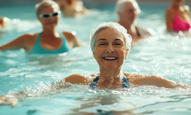 senior women smiling in pool during exercise class