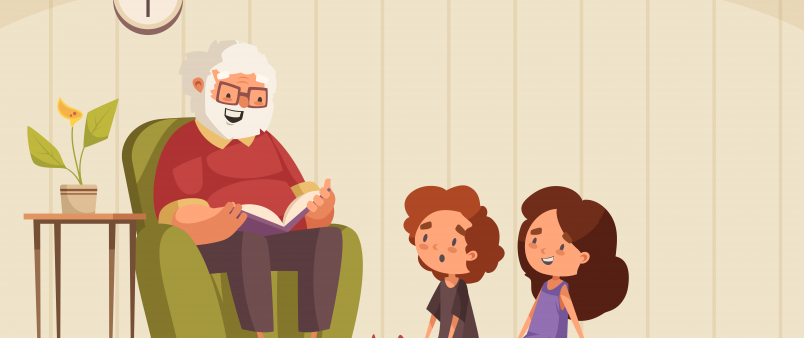 Graphic illustration of elderly man reading stories to youth