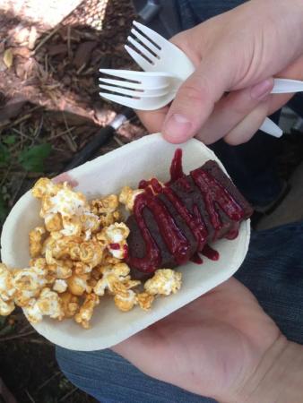 popcorn and a brownie on a plate