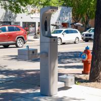 portable hydrant water fountain in downtown Okotoks