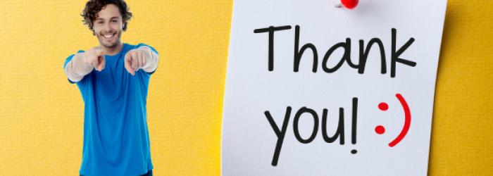 thank you note on yellow background with man pointing and smiling