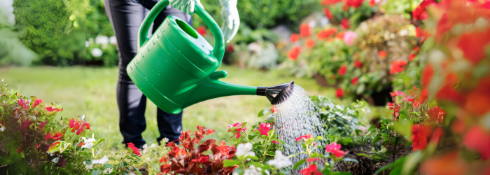 hand watering flower garden with green container
