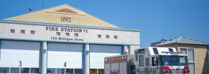 Okotoks Fire & Rescue building with fire truck in front of building